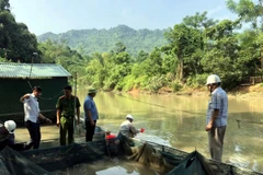 Trung tâm Quan trắc tài nguyên và môi trường tỉnh Tuyên Quang tổ chức lấy mẫu nước tại xã Bình Phú (huyện Chiêm Hóa). (Ảnh: TTXVN phát)
