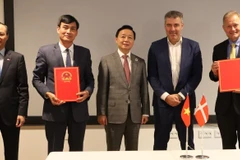 Phó Thủ tướng Chính phủ Trần Hồng Hà, Bộ trưởng Khí hậu, Năng lượng và Tiện ích Đan Mạch, Lars Aagaard, chứng kiến Lễ trao đổi Kế hoạch hành động chung giai đoạn 2024-2025 trong khuôn khổ Đối tác Chiến lược Xanh và Đối tác Toàn diện Việt Nam-Đan Mạch, sáng 26/11 tại thủ đô Copenhagen. (Ảnh: Hương Giang/TTXVN)