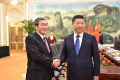 Ủy viên Bộ Chính trị, Thường trực Ban Bí thư Đinh Thế Huynh hội kiến Tổng Bí thư, Chủ tịch nước Trung Quốc Tập Cận Bình. (Ảnh: Lê Trung Kiên/TTXVN)