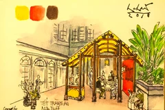 Chợ Tết Metropole qua nét vẽ của họa sỹ Hà Hải. (Nguồn: Metropole Hà Nội)