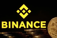 Đồng tiền Bitcoin và biểu tượng Binance. (Ảnh: Reuters/TTXVN)