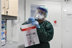 Nhân viên y tế làm việc với mẫu bệnh phẩm của bệnh nhân nhiễm COVID-19 tại một bệnh viện ở Essen, Đức. (Ảnh: AFP/TTXVN)