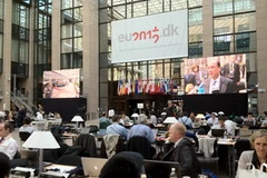 Quang cảnh Trung tâm báo chí tại Hội đồng châu Âu tối 23/5. (Ảnh: Thái Vân/Vietnam+)