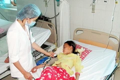 Bệnh nhân Lò Thị Chung (9 tuổi) đang hồi sức cấp cứu tại Bệnh viện Đa khoa Lai Châu. (Ảnh: Công Hải/Vietnam+)