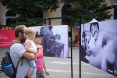 Rất nhiều du khách tỏ ra thích thú khi được thưởng thức một triển lãm ảnh đầy thú vị về chủ đề 'Sinh nở' được trưng bày trên phố đi bộ Hồ Gươm. (Ảnh: PV/Vietnam+) 