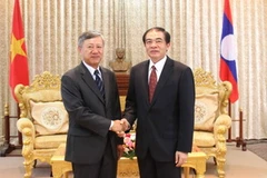 Ông Kham pheng Saysompheng tiếp Đại sứ Nguyễn Mạnh Hùng. (Ảnh: Hoàng Chương/Vietnam+)