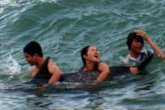 Một số thanh niên bơi ra biển để bắt con cá heo đưa lên bờ. (Ảnh: Trịnh Duy Hưng/Vietnam+)