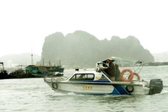 Phòng cảnh sát thủy Công an tỉnh Quảng Ninh gọi tàu thuyền về nơi trú ẩn phòng chống bão số 10. (Ảnh: Nguyễn Đán/TTXVN).