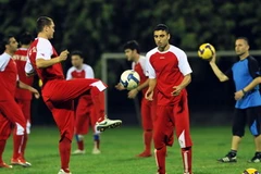 Các cầu thủ Syria trong buổi tập chuẩn bị cho trận đấu. (Ảnh: Quốc Khánh/TTXVN).