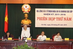 Tổng Bí thư, Chủ tịch Quốc hội, Chủ tịch Hội đồng bầu cử Nguyễn Phú Trọng phát biểu tại Phiên họp. (Ảnh: Trí Dũng/TTXVN)