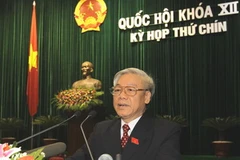 Tổng Bí thư, Chủ tịch Quốc hội Nguyễn Phú Trọng trình bày Báo cáo tổng kết hoạt động của Quốc hội khóa XII. (Ảnh: Trí Dũng/TTXVN).