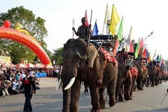 Đoàn voi trong lễ hội đường phố, một hoạt động trong khuôn khổ Lễ hội càphê Buôn Ma Thuột. (Ảnh: Thanh Hà/TTXVN)