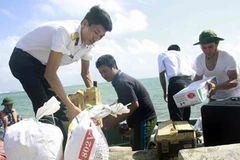 Chuyển hàng và quà Tết từ đất liền ra đảo. (Ảnh: Trọng Đạt/TTXVN)