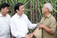 Chủ tịch nước Trương Tấn Sang khảo sát vùng trồng mía và gặp gỡ bà con nông dân xã Đại Sơn, huyện Phục Hòa. (Ảnh: Nguyễn Khang/TTXVN)