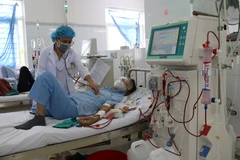 Bác sỹ thăm khám sức khỏe bệnh nhân chạy thận nhân tạo. (Ảnh: Nguyễn Thành/TTXVN)