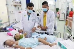 Bác sỹ Bệnh viện Nhi đồng 2 điều trị cho trẻ mắc bệnh tay chân miệng. (Ảnh: TTXVN phát)