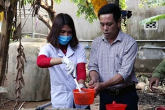 Lực lượng Y tế khử khuẩn giếng khơi cho người dân. (Ảnh: Công Tường/TTXVN)
