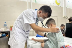 Bác sỹ tại Bệnh viện Đa khoa Xanh Pôn khám, theo dõi sức khỏe cho một trẻ mắc bệnh tay chân miệng. (Ảnh: T.G/Vietnam+)