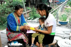 Cô đỡ thôn bản chăm sóc sức khoẻ bà mẹ, trẻ em tại huyện Mường Nhé (Điện Biên). (Ảnh: Dương Ngọc/TTXVN)
