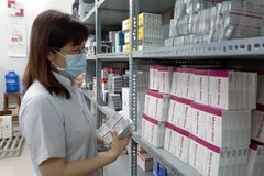 Nhân viên y tế bổ sung số thuốc mới được cung ứng vào quầy thuốc Bảo hiểm Y tế. (Ảnh: Xuân Triệu/TTXVN)