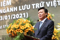 Thứ trưởng Bộ Nội vụ Nguyễn Duy Thăng phát biểu trong buổi lễ kỷ niệm 75 năm ngành lưu trữ Việt Nam. (Ảnh: Thanh Tùng/TTXVN)