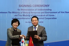 Bộ trưởng Trần Hồng Hà và Bộ trưởng Bộ Môi trường Hàn Quốc Kim Eunkyung ký Bản ghi nhớ hợp tác toàn diện về môi trường giữa hai bộ. (Nguồn: kT/Vietnam+)