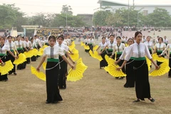 Học sinh Trường THPT Phan Đình Giót thể hiện tiết mục "Lời mời Điện Biên". (Ảnh: Phan Quân/TTXVN)