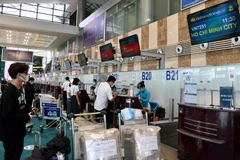 Hành khách làm thủ tục tại cảng hàng không Nội Bài trong chuyến bay từ Hà Nội-Thành phố Hồ Chí Minh. (Ảnh: CTV/Vietnam+)