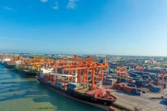 Bốc xếp hàng hóa tại một cảng biển Việt Nam. (Ảnh: CTV/Vietnam+)