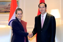Chủ tịch nước Trần Đại Quang tiếp Nguyên Chủ tịch đảng Quốc đại Sonia Gandi. (Ảnh: Nhan Sáng/TTXVN)