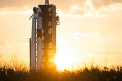 Tên lửa đẩy Falcon 9 của SpaceX trên bệ phóng tại Trung tâm Vũ trụ Kennedy ở Florida (Mỹ). (Ảnh: THX/TTXVN)