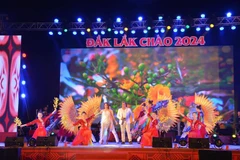 Các tiết mục ca ngợi vẻ đẹp của đất trời vào Xuân biểu diễn tại chương trình. (Ảnh: Hoài Thu/TTXVN)