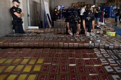 Lượng cocaine bị cảnh sát và hải quan Tây Ban Nha thu giữ được công bố trong cuộc họp báo tại cảng Algeciras, hồi tháng Tám năm ngoái. (Ảnh: AFP/TTXVN)
