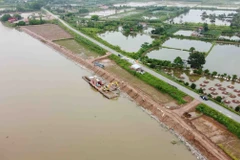 Hoạt động tu bổ kè bảo vệ phía sông đê Hữu Hoá thuộc các xã Thụy Hưng và Thụy Việt, huyện Thái Thụy (tỉnh Thái Bình). (Ảnh: Vũ Sinh/TTXVN)