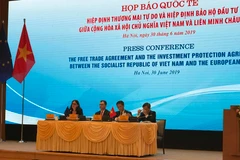 Họp báo quốc tế Hiệp định Thương mại tự do - EVFTA và Hiệp định Bảo hộ đầu tư EVIPA. (Ảnh: Đức Duy/Vietnam+)