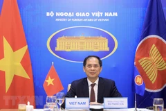 Bộ trưởng Ngoại giao Bùi Thanh Sơn dự và phát biểu tại hội nghị trực tuyến đặc biệt Bộ trưởng Ngoại giao ASEAN-Hoa Kỳ. (Ảnh: Lâm Khánh/TTXVN)