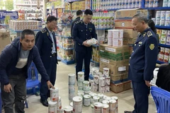 Lực lượng chức năng kiểm tra hàng hóa có dấu hiệu vi phạm. (Ảnh: PV/Vietnam+)