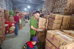 Lực lượng chức năng kiểm tra cơ sở tại xã La Phù, huyện Hoài Đức phát hiện nhiều xúc xích, cánh gà... nghi nhập lậu. (Ảnh: PV/Vietnam+)