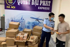 Đội Quản lý Thị trường số 1 phát hiện lượng lớn thuốc lá do nước ngoài sản xuất tại 1 cơ sở kinh doanh dịch vụ chuyển phát nhanh. (Ảnh: PV/Vietnam+)