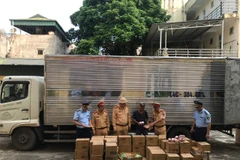Lực lượng chức năng khám phương tiện vận tải vận chuyển mỹ phẩm nhập lậu. (Ảnh: PV/Vietnam+)
