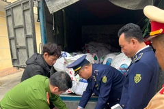 Lực lượng chức năng phát hiện lượng lớn mõ lợn đông lạnh không rõ nguồn gốc. (Ảnh: PV/Vietnam+)