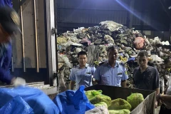 Lực lượng Quản lý Thị trường tỉnh Hải Dương giám sát tiêu hủy thực phẩm không rõ nguồn gốc. (Ảnh: PV/Vietnam+)