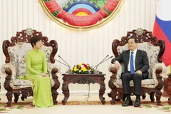 Thủ tướng Chính phủ Lào Sonexay Siphandone tiếp thân mật Đoàn đại biểu Thông tấn xã Việt Nam do Tổng Giám đốc Vũ Việt Trang làm Trưởng đoàn. (Ảnh: Đỗ Bá Thành/TTXVN)