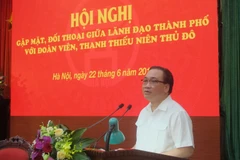 Bí thư Thành ủy Hà Nội Hoàng Trung Hải phát biểu tại hội nghị. (Ảnh: Nguyễn Thắng/TTXVN)