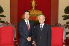 Tổng Bí thư Nguyễn Phú Trọng tiếp ông Trương Cao Lệ, Ủy viên Thường vụ Bộ Chính trị, Phó Thủ tướng Quốc vụ viện Trung Quốc. (Ảnh: Trí Dũng/TTXVN)