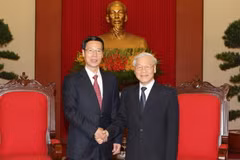 Tổng Bí thư Nguyễn Phú Trọng tiếp ông Trương Cao Lệ, Ủy viên Thường vụ Bộ Chính trị, Phó Thủ tướng Quốc vụ viện Trung Quốc. (Ảnh: Trí Dũng/TTXVN)