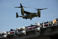 Máy bay MV-22B Osprey hạ cánh xuống tàu sân bay USS Gerald R. Ford tại căn cứ hải quân Norfolk ở Virginia, Mỹ ngày 22/7. (Nguồn: THX/TTXVN) 