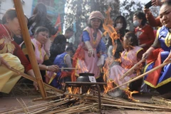 Các đội tham gia phần thi nấu cơm. (Ảnh: Minh Quyết/TTXVN)