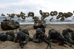 Binh sỹ Hàn Quốc và Mỹ tham gia cuộc tập trận đổ bộ chung tại Pohang, Hàn Quốc. (Nguồn: AFP/ TTXVN)