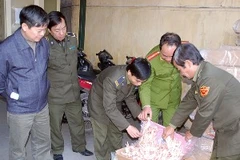 Cơ quan chức năng tiến hành tịch thu số chân gà không rõ nguồn gốc (Ảnh: Cơ quan điều tra)